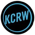 A black circle with the word kcrw in it.