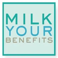 A blue and white logo with the words milk your benefits.